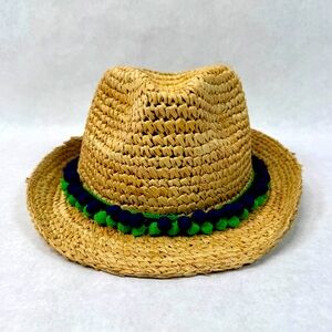 ANTHROPOLOGIE / TRACY WATTS Raffia Straw Handmade Hat with Blue & Green Pom-Poms